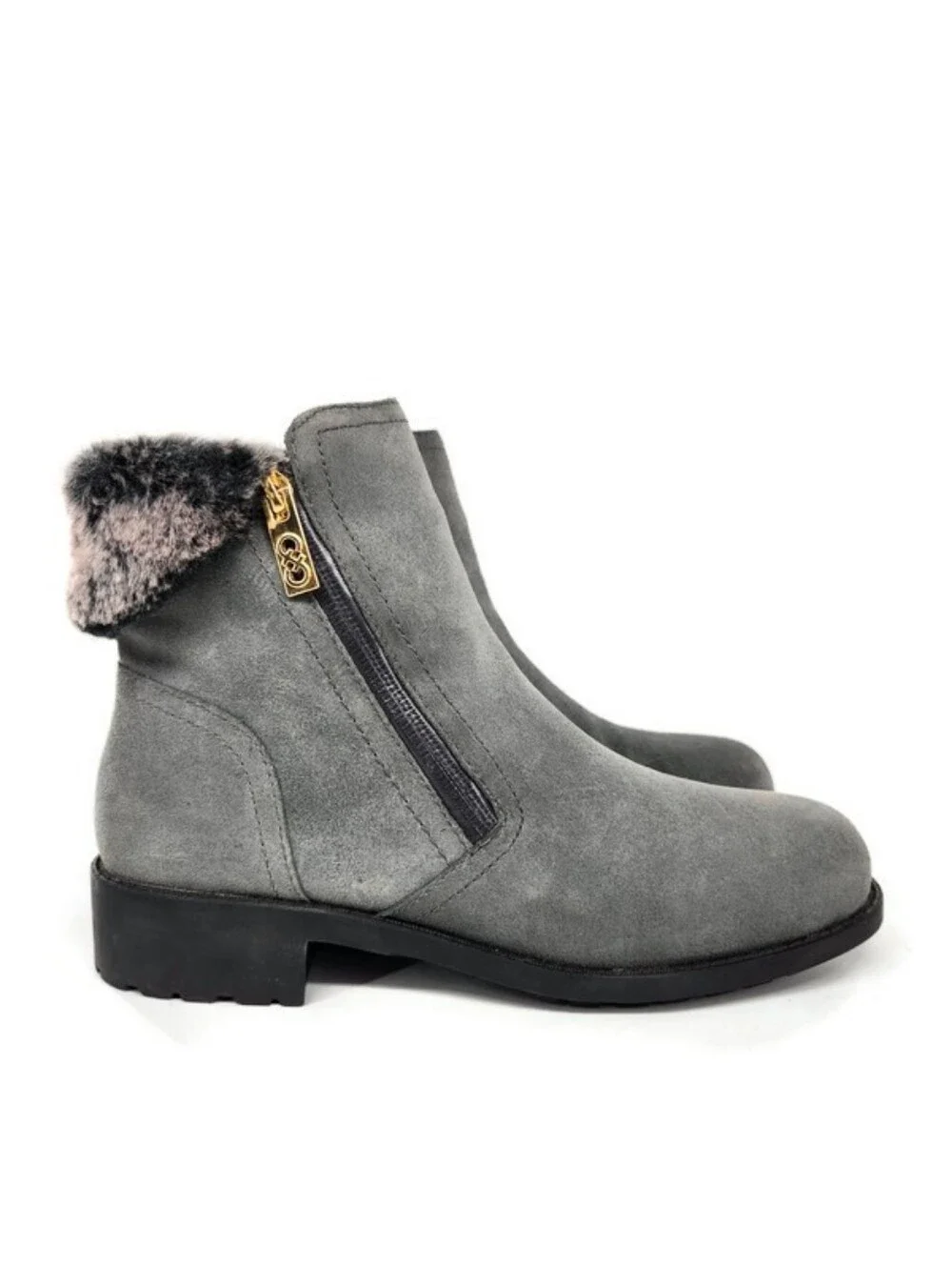 Cole Haan Quinney Grey Suede Faux Fur Waterproof Dual Zip Lug Sole Chelsea Boots